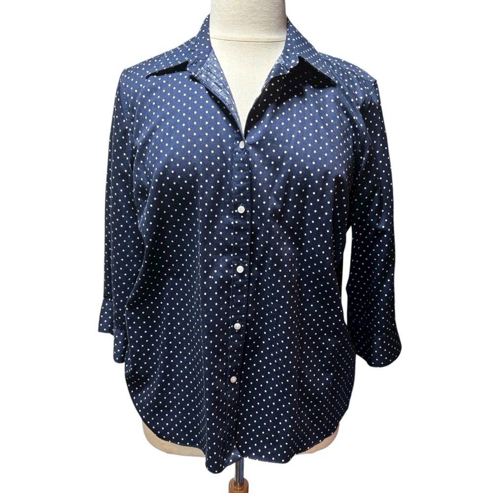 Navy Blue Polka Dot Button Down Shirt 3/4 Sleeve Blouse‎ Pointed Collar Top